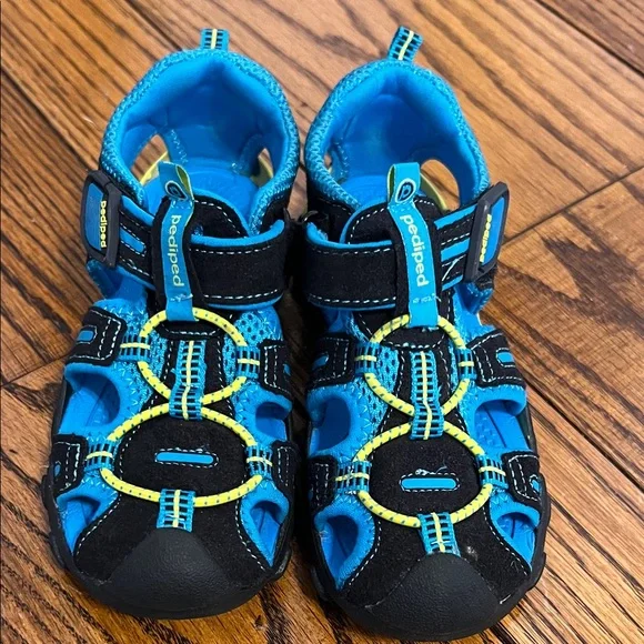 Pediped Kids Sandals in Black and Blue with Yellow Accents - Picture 2 of 16